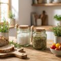 Dekogläser aus grünem Glas mit Korkdeckel und Holzlöffel – Ø 7 cm, H 10 cm, 2 Stück | Floristik24.ch