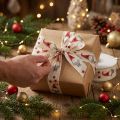 Geschenkband mit Weihnachtsmotiv, creme, 25 mm x 20 m, Baumwolle-Polyamid-Mix | Floristik24.ch