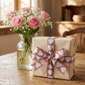 Geschenkband aus Polyester mit Herzmotiv, Dekoband 15mm x 15m, Braun und Weinrot | Floristik24.ch