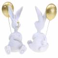 Floristik24 Hase mit Luftballon Sitzend Weiß, Gold H13,5cm 2St