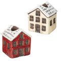 Floristik24 Kerzenständer aus Keramik im 2er-Set, Hausform, 7 cm, Rot und Beige mit Schnee