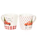 Floristik24 Weihnachtstassen aus Keramik 10 cm Rot-Weiss mit Auto und Tannenbaum 2er-Set