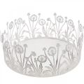Dekotablett mit Pusteblumen, Metalldeko für den Frühling Weiß, Silbern Shabby Chic Ø25cm H10,5cm