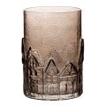 Floristik24 Windlicht aus braunem Glas mit Häuser-Relief, 23 cm hoch