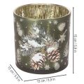 Windlicht Glas mit Tannenzapfen und Schneeflockenmotiv 15cm Grün-Gold | Floristik24.ch