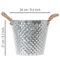 Zinktopf mit Rautenmuster und Seilgriffen aus Metall Ø24,5cm H21cm weiss gewaschen | Floristik24.ch