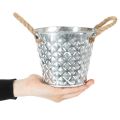 Zinktopf mit Seilgriffen, verzinkt, Ø14,5cm H13cm, Rautenmuster, Silber/Weiss | Floristik24.ch