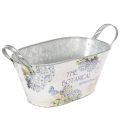 Floristik24 Blumenschale oval aus Metall mit Griffen und Hortensien-Print 32×15×15cm Weiss-Blau