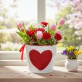 Metall-Blumentopf Weiss mit Herzmotiv Rot Ø13cm H10,5cm für Pflanzen | Floristik24.ch