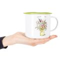 Deko Pflanztopf Tasse aus Metall, emailliert, Ø11,5cm, H10cm, weiss mit Blumenmotiv und Schriftzug | Floristik24.ch